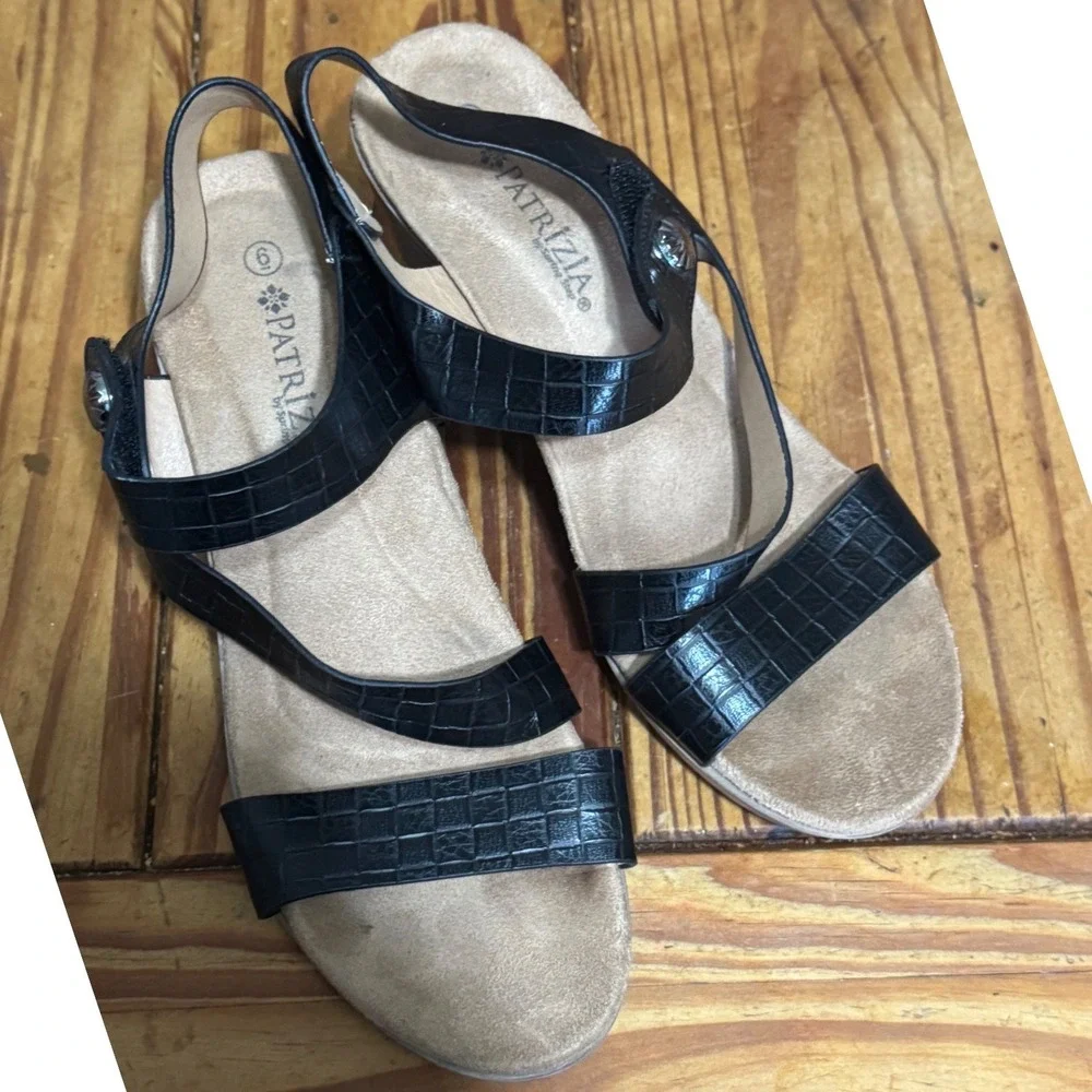 Patrizia Wedge Sandals Womens Size 9 Croc Embossed Strappy Black Comfort